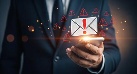 Man in suit holding a phone with an email icon and multiple warning signs floating around it