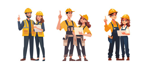 Obraz premium Engineer and construction worker team with safety helmets and tablets for building or industrial work. Cartoon set of male and female professionals in flat vector style.