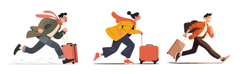 Fototapeta premium Running people with luggage in airport rush for travel or vacation. Cartoon set of young man and woman in hurry with suitcases. Flat vector illustration of tourist trip