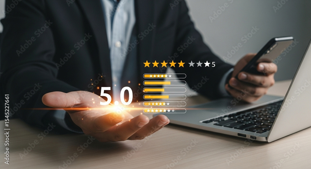 Poster man in suit with laptop holding hand out displaying rating stars and phone for feedback concept