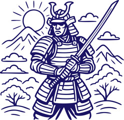 Fototapeta premium Samurai warrior with sword in mountain landscape line art style