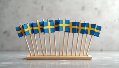 Small Swedish flags on wooden sticks arranged in a row  