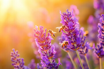 Obraz premium Honeybees in flight over lavender field at sunset