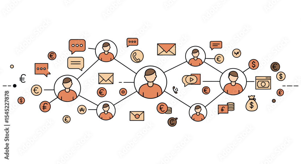 Poster digital communication and networking concept with currency and media icons for business