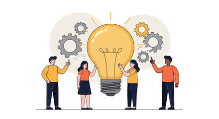 Team collaboration and innovation concept with people and gears around light bulb