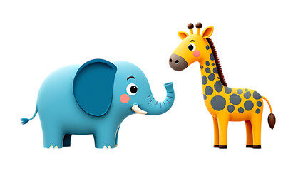 Obraz premium Cute cartoon elephant and giraffe isolated on transparent background