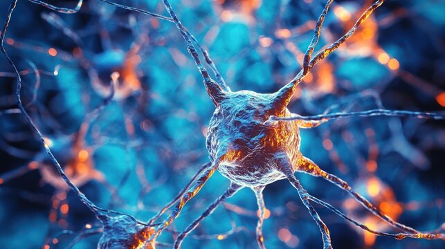 A neuron with a blue and orange core, surrounded by a network of dendrites and axons, set against a black background with a white border.