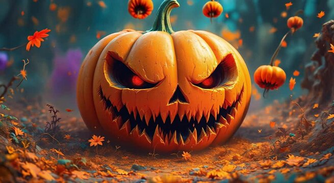 Spooky jack o lantern animated against a forest background for halloween festivities