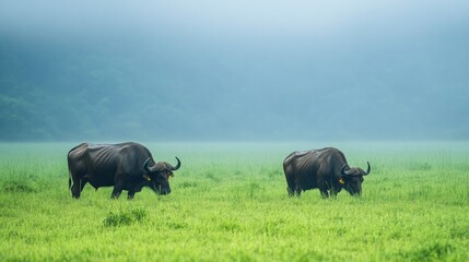 Buffalo grazing on fresh green grass during rainy season