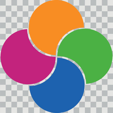 Colorful overlapping circles of infographic pie chart divided into 4 parts. Diagram, chart with 4 steps, options, parts, processes with colorful petals. Vector Illustration.