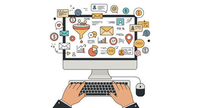 Digital marketing strategy and analytics with diverse online tools and icons