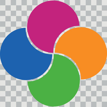 Colorful overlapping circles of infographic pie chart divided into 4 parts. Diagram, chart with 4 steps, options, sections. Vector Illustration.