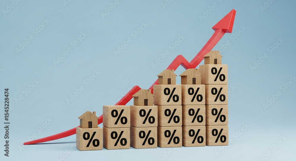 Poster Stacked percentage blocks with house icons and upward arrow against a light blue background view