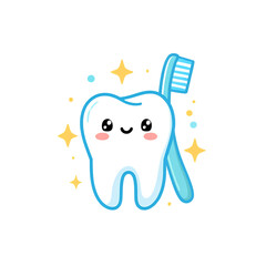 Cute cartoon tooth with toothbrush isolated on transparent background