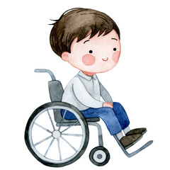 watercolor illustration, cute school boy in wheelchair back to school