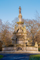 Glasgow Scotland: 8th Jan 2025: The Stewart Memorial Fountain in Kelvingrove Park on sunny winter day