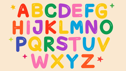 Bright and cheerful uppercase alphabet poster in playful cartoon style. Perfect for kids' rooms, educational materials, school posters, nursery designs, and creative learning visuals for childhood.