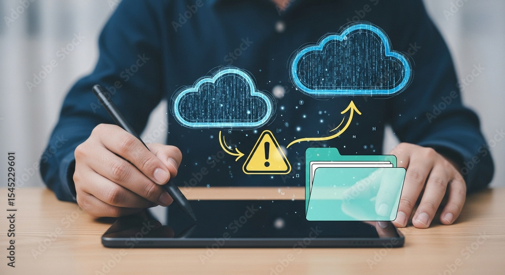 Aufkleber person using tablet with cloud data transfer and warning sign interface illustration overlayed