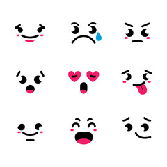 Nine cute cartoon emojis isolated on transparent background