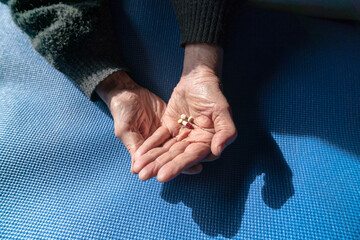 Top shot of senior hands holding medication pills on blue mat, lit by natural sunlight
