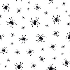 Halloween seamless pattern with silhouette spiders. Vector hand drawn illustration. Tiny black arachnids on white background. October fall holidays backdrop for packaging, print. Creepy crawlies