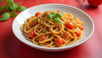 Ai generated image of spaghetti with cherry tomatoes and basil