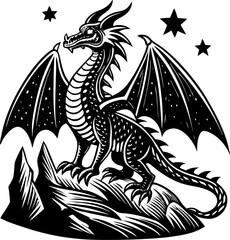 A majestic and powerful dragon illustration featuring a detailed black and white design with starlike embellishments against a white background