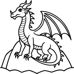 A majestic dragon illustration vector outlines sitting on a rock formation prepared for coloring or creative design.