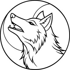 A striking illustration of a howling wolf head inside a circular frame showcasing its majestic presence and primal instincts in a monochrome design.