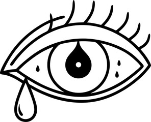 A stylized black and white vector illustration showing an eye shedding tears representing sadness and sorrow