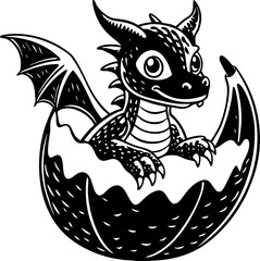 Adorable black and white baby dragon hatching from an eggshell a cute fantasy illustration for children and design