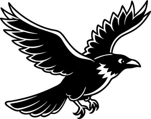 Black and white illustration of a raven in flight with spread wings ready to take flight or soar high
