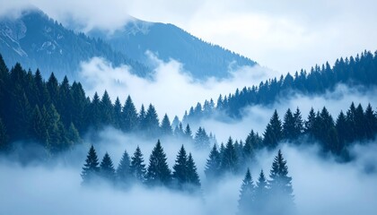 Obraz premium Misty mountain landscape featuring pine trees and fog creating a serene and atmospheric ambiance.