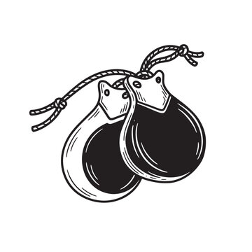 Classic castanets illustration in silhouette style hand drawn vintage musical instrument art