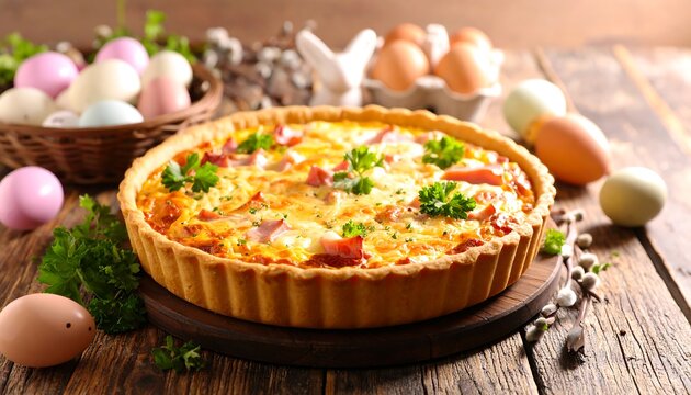 Easter quiche with eggs and Easter decorations.