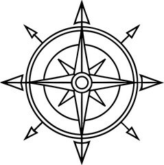 Detailed black and white vector illustration of a compass rose representing navigation direction and exploration for conceptual use