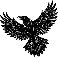 Majestic black raven soaring with outstretched wings in a bold monochrome illustration on a white background