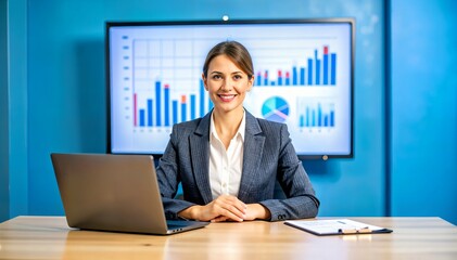 Businesswoman at Desk in Front of Stock Market Chart