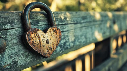 Rusty heart-shaped padlock on weathered wooden fence (1)