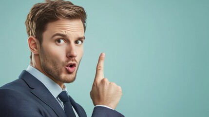 A man in a suit pointing upwards with his index finger, against a blue background.