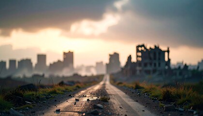A long, empty road cuts through a ruined cityscape under a stormy sky