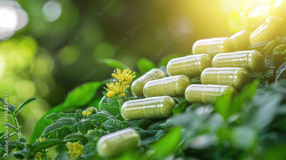 Poster a stack of green and yellow capsules on a green leafy background with sunlight filtering through.