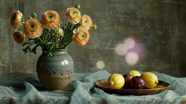 Vintage Still Life Featuring Animated Orange Flowers in Ceramic Vase with Lemons and Plums on Rustic Background