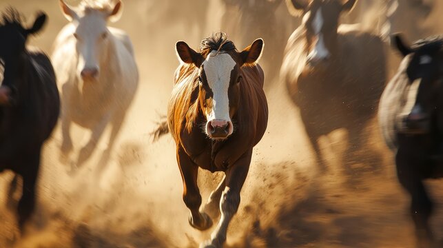 A herd of horses galloping through a dusty field, with a brown horse in the foreground leading the pack.