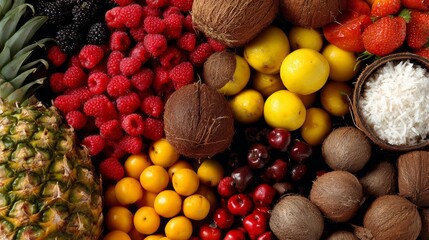 Colorful fresh tropical fruits flat lay on wooden surface with top view healthy composition