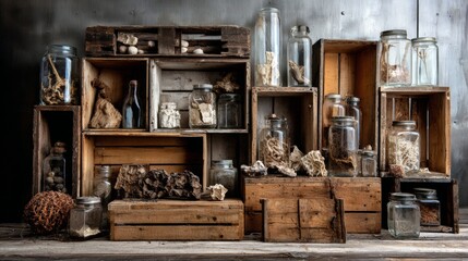 Fototapeta premium Rustic apothecary wooden shelves with vintage jars herbs and natural curiosities in old room
