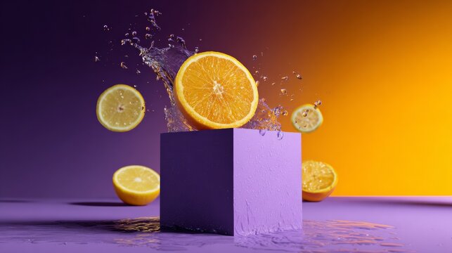 Floating lemon slices with splash over purple block and yellow background in summer drink theme