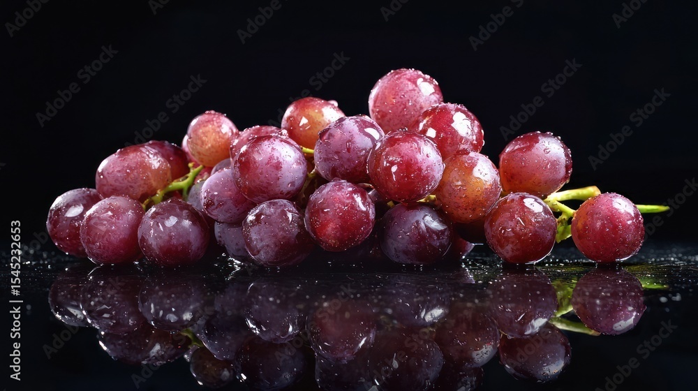Poster a pile of red grapes on a black background with a reflective surface, with a black background and a 