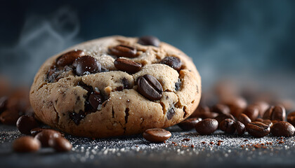 Chocolate chip cookie with coffee beans on a dusted surface