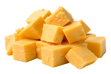 cheddar cheese heap pieces isolated on white background png, ai generated
